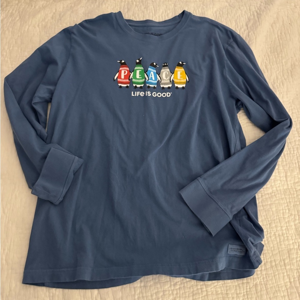 Life is Good Together Peace Penguins Blue Long sleeve T-shirt. Size L